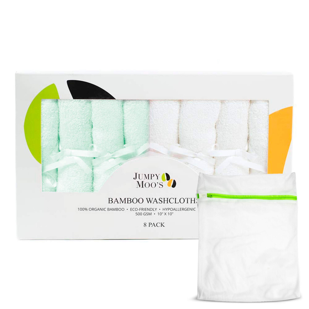 Jm Bamboo Washcloths - 100% Bamboo, Ultra Thick 500Gsm, 10X10 Inches, Baby Face Cloth, Flannels Face Cloth Pack 6, Gentle On Delicate Skin, Guards Jumpy Moo's