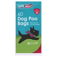 Safe Wrap Dog Poo Bags, 900 tie handle antibacterial dog waste bags, made with 50 percent recycled plastic. Contains15 bags with 60 bags in each.