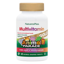 NaturesPlus, Animal Parade Gold, Complément à Croquer pour Enfants, Cerise, Raisin et Orange, 60 Comprimés en Forme d'Animaux