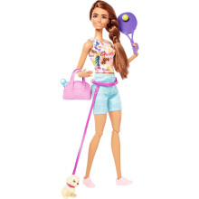 Barbie Selbstpflege Puppe, brünette posierbare Sportpuppe mit Welpen und Zubehör, inklusive Rollschuhe & Tennisschläger