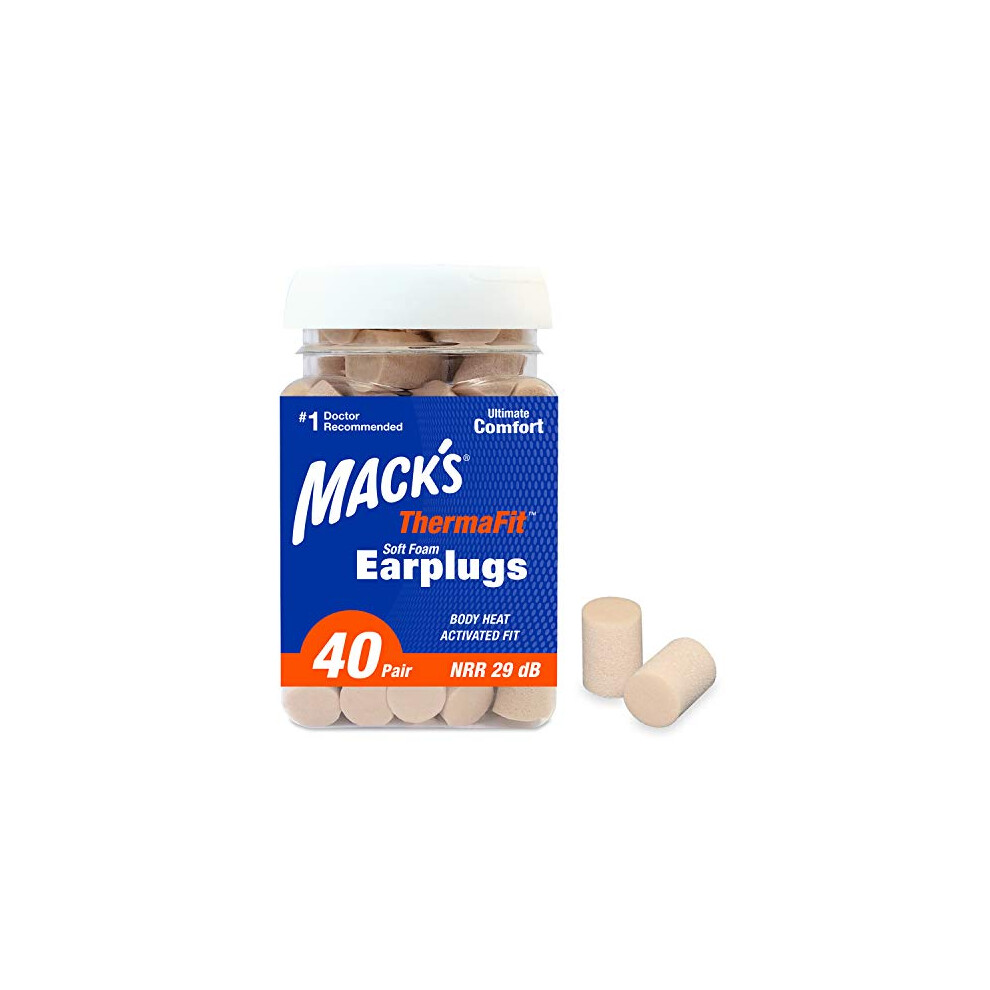 Mack's Thermafit Soft Foam Earplugs, 40 Pair - Comfortable Ear Plugs For Sleeping, Snoring, Work, Travel & Loud Events | Made In Usa 033732095402