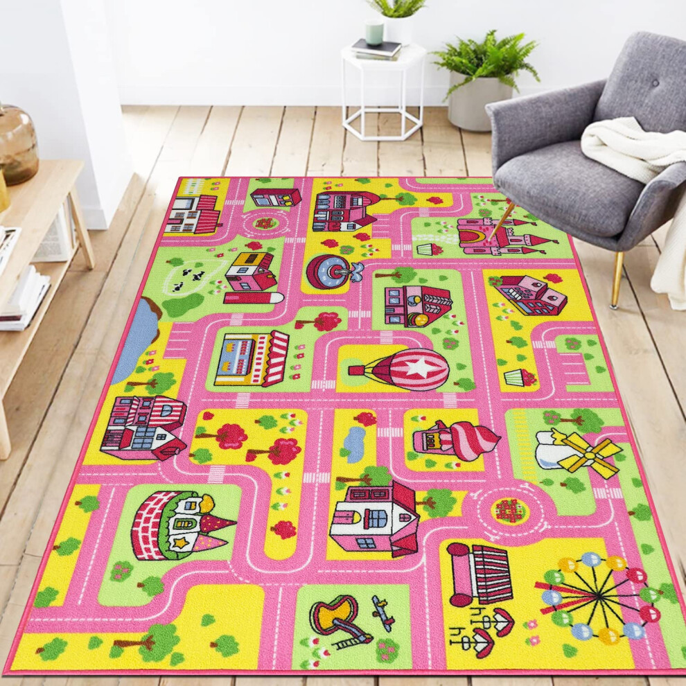 Kid Rug For Playroom 100X160cm Girls Play Rug Traffic Road Car Play Game Mat Educational Learning Area Rug Kids Carpet For Children Pink Capslpad