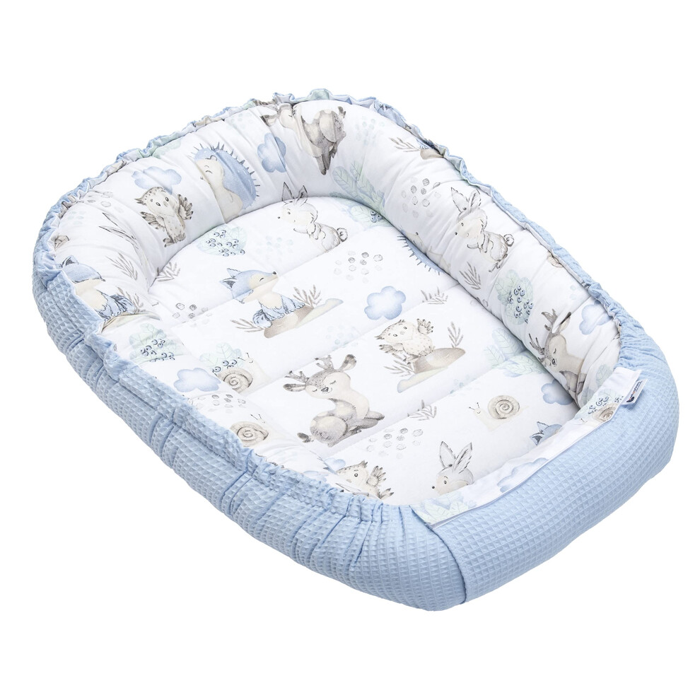 Baby nest Pod Newborn Sleepyhead 100% Cotton Waffle 100x60x15cm Bed Pillow Accessories Cocoon for Babies (Deer and Hedgehogs with Light Blue Waffle)