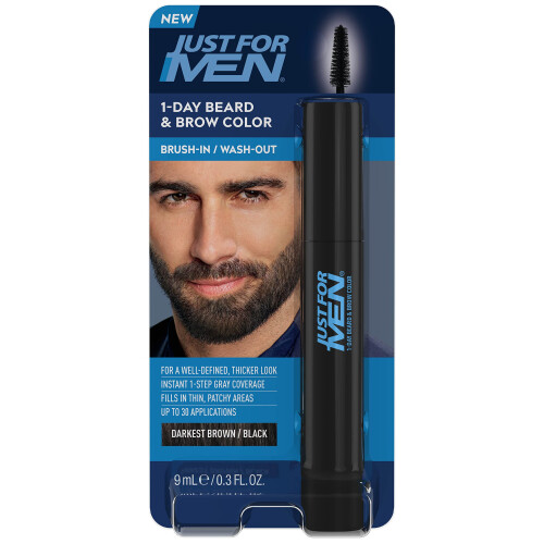 Just For Men 1-Day Beard and Brow Colour Brush, For Instant 1-Step Grey Coverage, Brush-In, Wash-Out, For A Thicker Well-Defined Look, Darkest Brown/Black