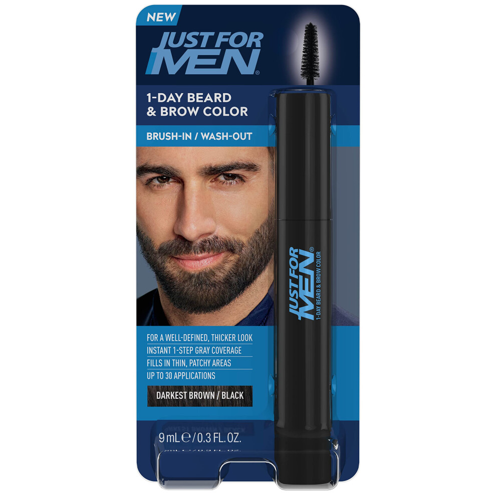 1-Day Beard and Brow Colour Brush, For Instant 1-Step Grey Coverage, Brush-In, Wash-Out, For A Thicker Well-Defined Look, Darkest Brown/Black