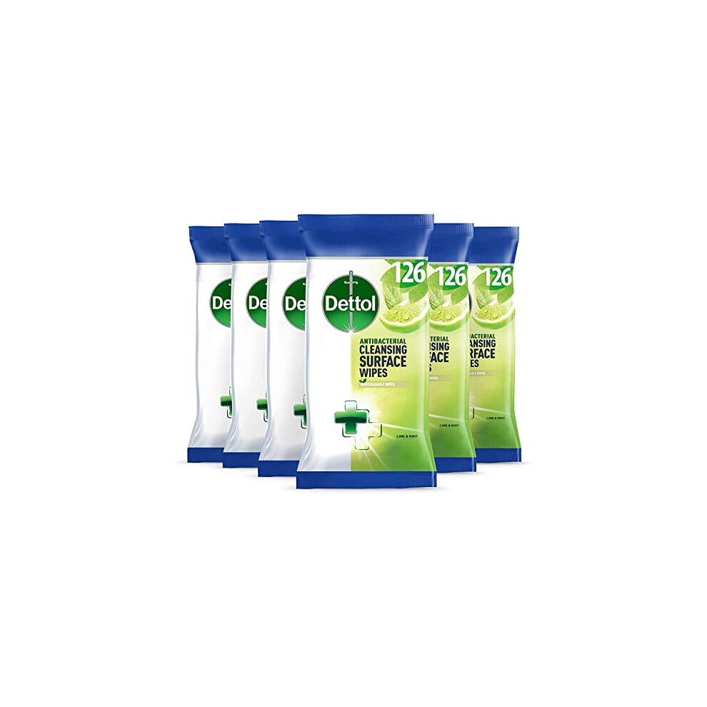 Dettol Disinfectant Wipes, Lime And Mint, Total Of 756 Wipes (6 Packs X 126), Wipes Antibacterial Surface Cleaning, Multi Surface Wipes, Biodegradable,