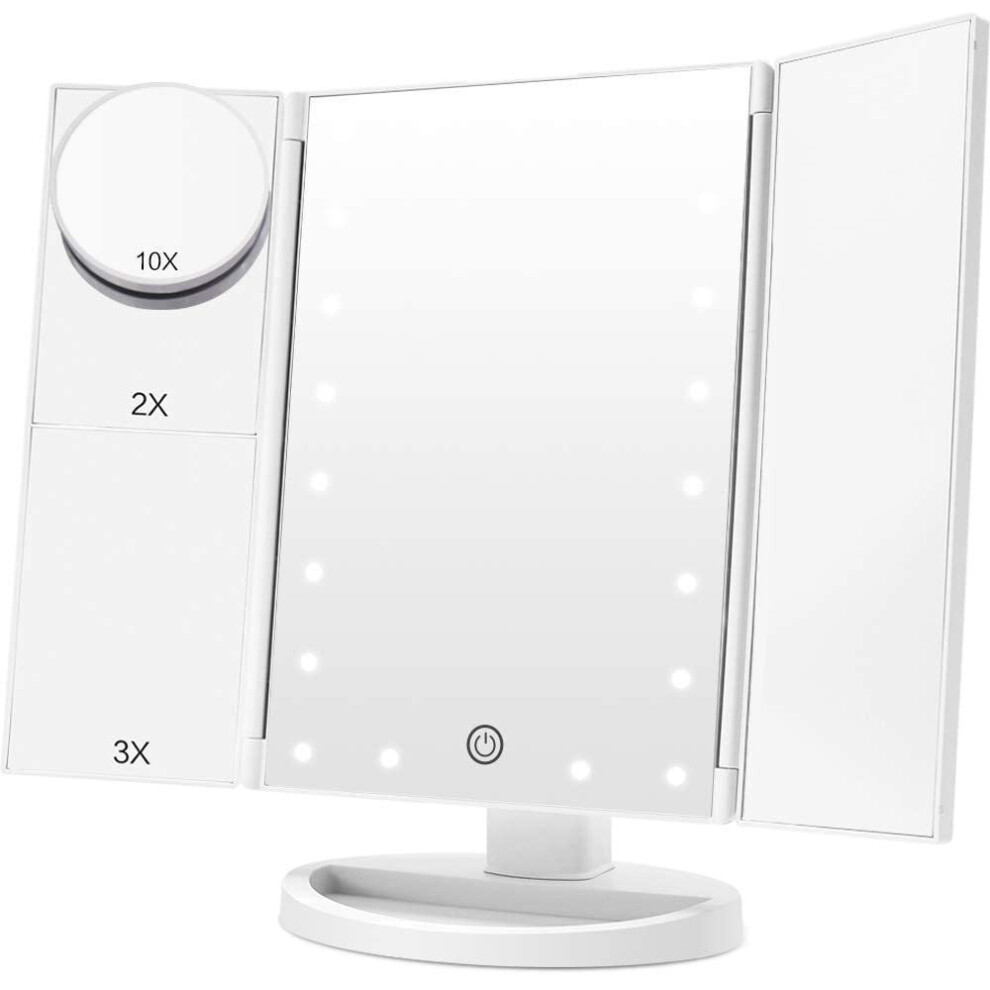 Makeup Mirror with Light, Trifold Vanity Mirror 1x/2x/3x/10x Magnifying Mirror with LED Lights Touch Screen 180 Degree Adjustable Rotation Dual Power-image-OPC-PFBBMF7-NEW