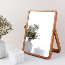Wooden Desk Mirror for Makeup, Small Rounded Rectangle Natural Cosmetic Mirror with Adjustable Stand for Make up Table, Aesthetic Desk Decor