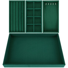 4 Pack of Green Velvet Stackable Jewellery Organiser Storage Trays - 35.3 x 24.2cm/13.89 x 9.52 Inches - Drawer Display Boxes - Removable Sections for