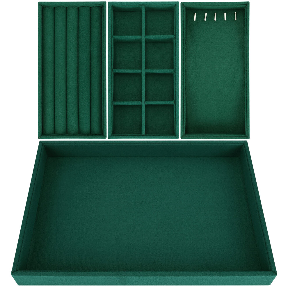 4 Pack of Green Velvet Stackable Jewellery Organiser Storage Trays - 35.3 x 24.2cm/13.89 x 9.52 Inches - Drawer Display Boxes - Removable Sections for
