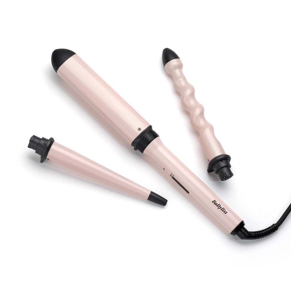 Curl and Wave Trio Multistyler, Professional Curling Iron with 3 Attachments for Curls, Waves and Beach Waves, Soft Pink, MS750E
