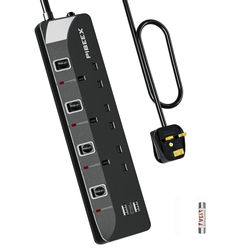 Extension Lead with USB Slots, 3 Way 2 USB Power Strip(13A/3250W), Multi Plug Extension Socket with Individual Switches, 1.5M UK Power Socket for Home
