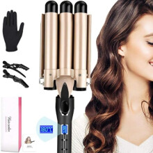 Three Barrel Waver Wand 28MM for SOFT MERMAID WAVES, AIMERVO Wavy Hair Styler 14 Adjustable Heat Settings with Digital Temperature Display, Tourmaline