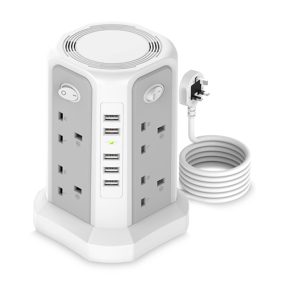 Tower Extension Lead 3M, 5 Usb Slot Extension Lead Surge Protected 8 Way Outlets, 3250W Extension Cords Overload Protection, Power Extension Tower For 748661671312