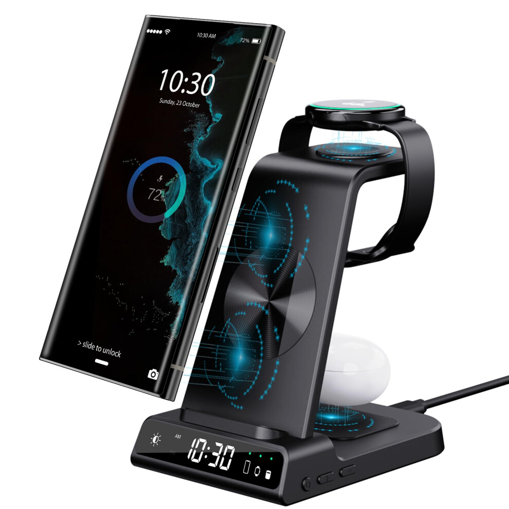 Wireless Charger for Samsung Charging Station with Clock for Galaxy Z Flip 6/Fold 6/S24 Ultra, Samsung Watch Charger for Galaxy Watch 7/6/5 Pro,