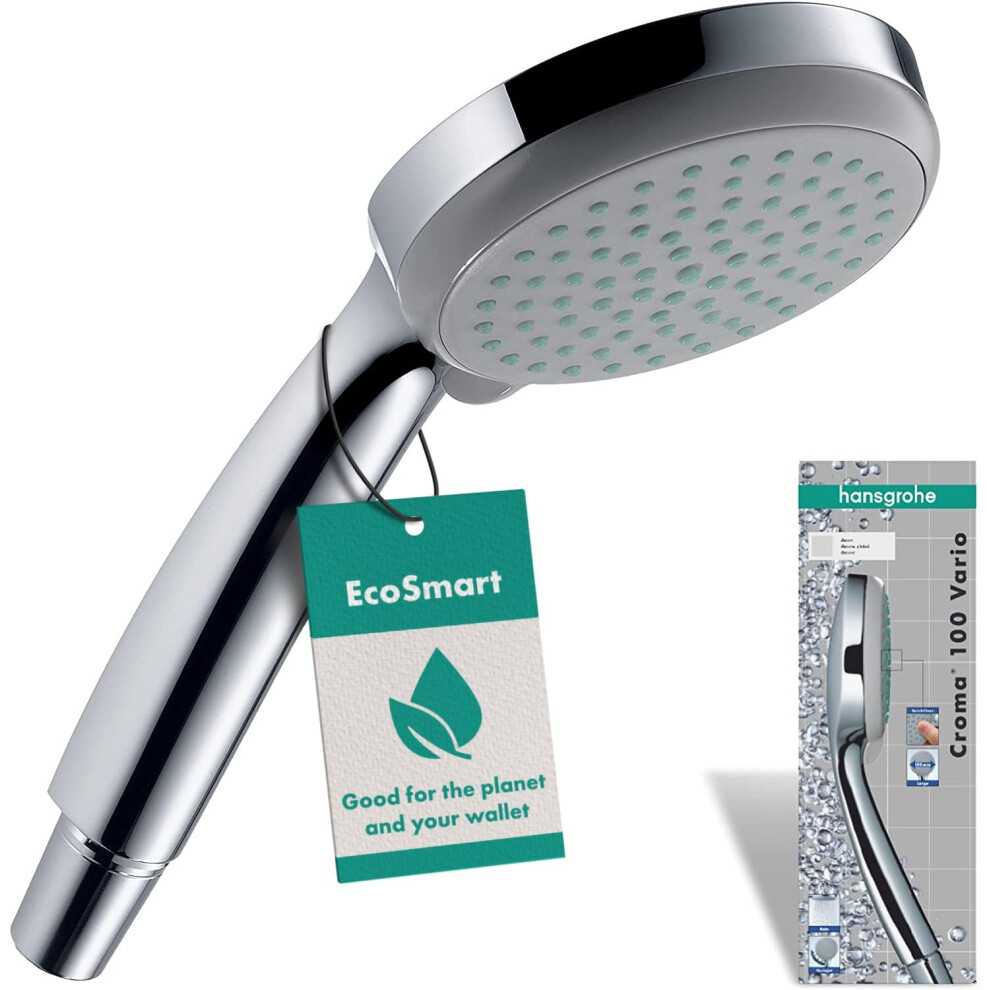 Croma 100 - water-saving shower head 9 l/min (EcoSmart), hand shower round ( 100 mm) with 4 sprays, with anti-limescale function, chrome