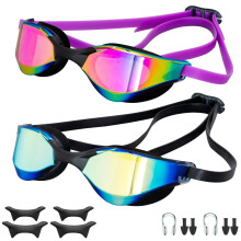 Swimming Goggles (2 Pack), Long-lasting Anti Fog Swimming Goggles for Adult Men Women, No Leakage with Nose Clip Earplugs, Black/Purple