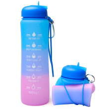 Motivational Water Bottle - 0.6 Litre Foldable Collapsible Gym and Sports Silicone Water Bottle - Running Drinks Bottle For Women, Men, Girls, Boys,