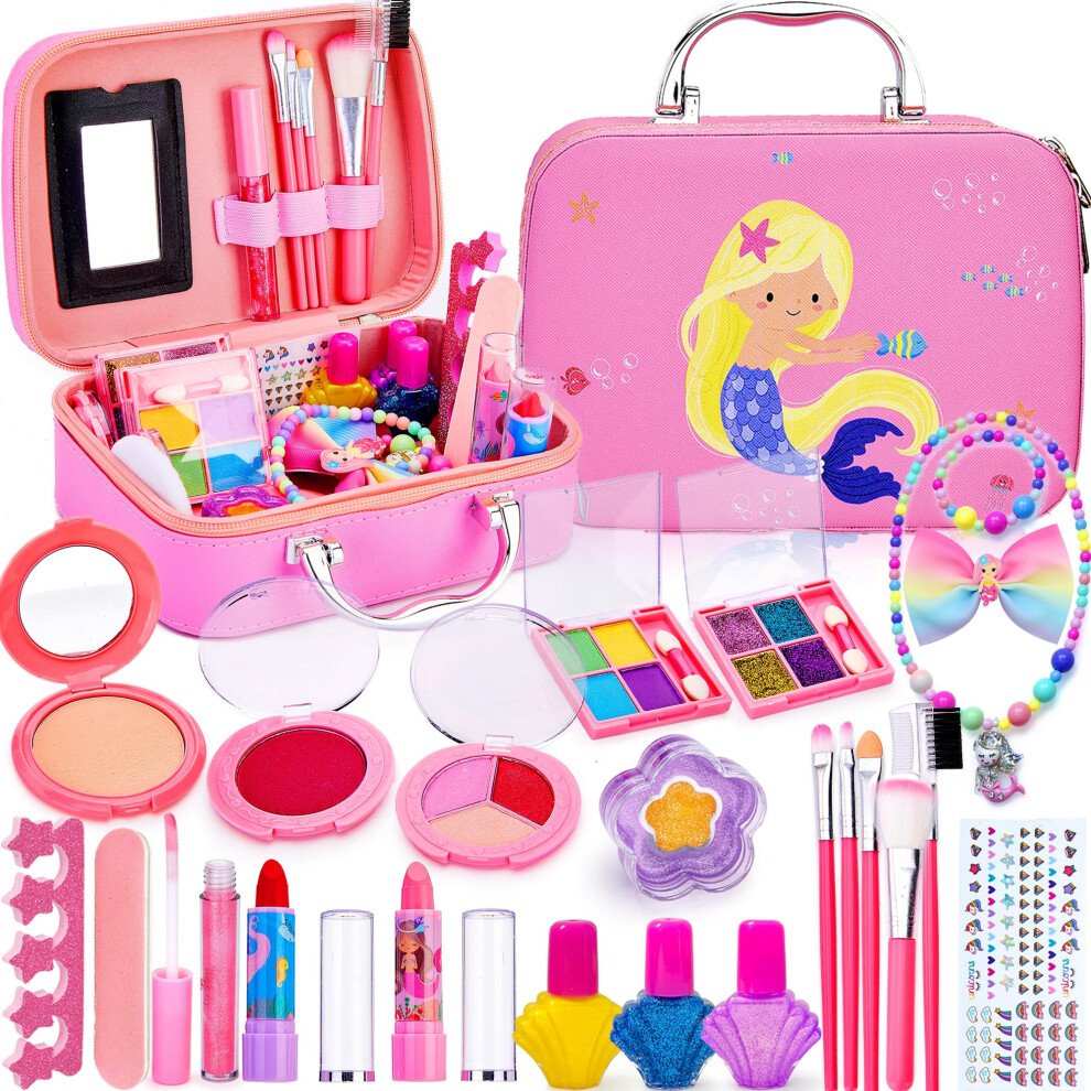 Makeup Sets for Girls,24 Pcs Washable Real Make Up Kit with Mermaid Cosmetic Case, Non-Toxic Kids Makeup Set for Little Girls,Children Play Make-Up