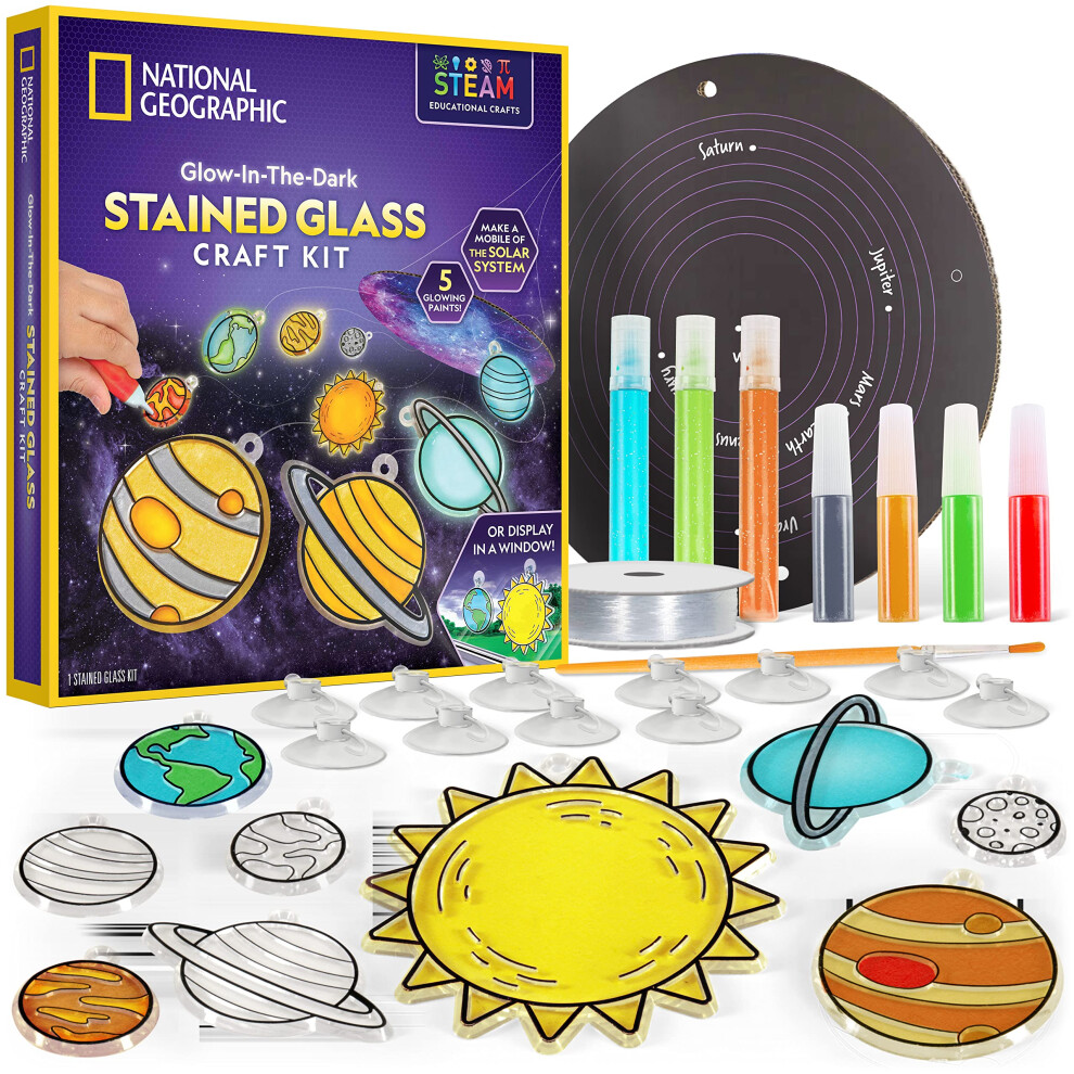 National Geographic Kids Window Art Kit - ""Stained Glass"" Solar System Arts & Crafts Kit With Glow In The Planets, Use As Window Suncatchers, Hanging Decor From Dark