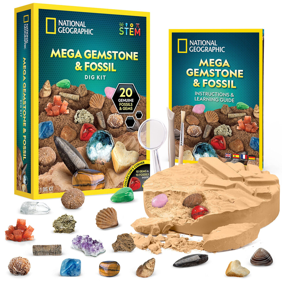 Mega Fossil and Gemstone Dig Kit - Excavate 20 Real Fossils and Gems, Science Kit for Kids, Rock Digging Excavation Kit, Geology Gifts for Boys and