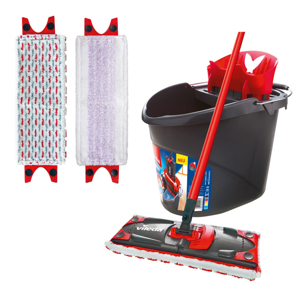 Ultramax Floor Mop Complete Set, Sensitive Cover Including 2 Replacement Covers and Bucket with Power Press, Mop with Handle, for Sensitive Floors,