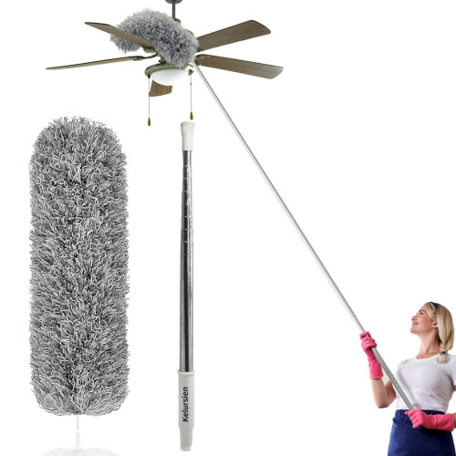 Feather Duster Extendable with Stainless Steel Extension Pole, 100 Inches Extra Long Telescopic Dusters, Microfiber Duster with Bendable Head for