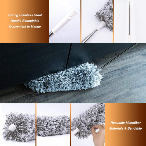 Feather Duster Extendable with Stainless Steel Extension Pole, 100 Inches Extra Long Telescopic Dusters, Microfiber Duster with Bendable Head for 2