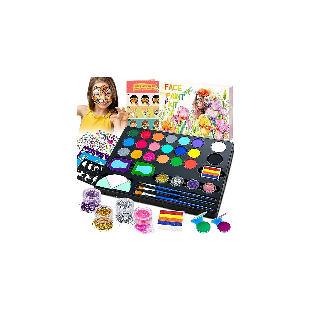Lubibi Face Paint Set For Kids, 20 Color Face Painting Palette With 4 Metallic Colors, Hair Chalks, Gems, Stencils, Guide Non-Toxic - Water Based - Halloween Not,Specified