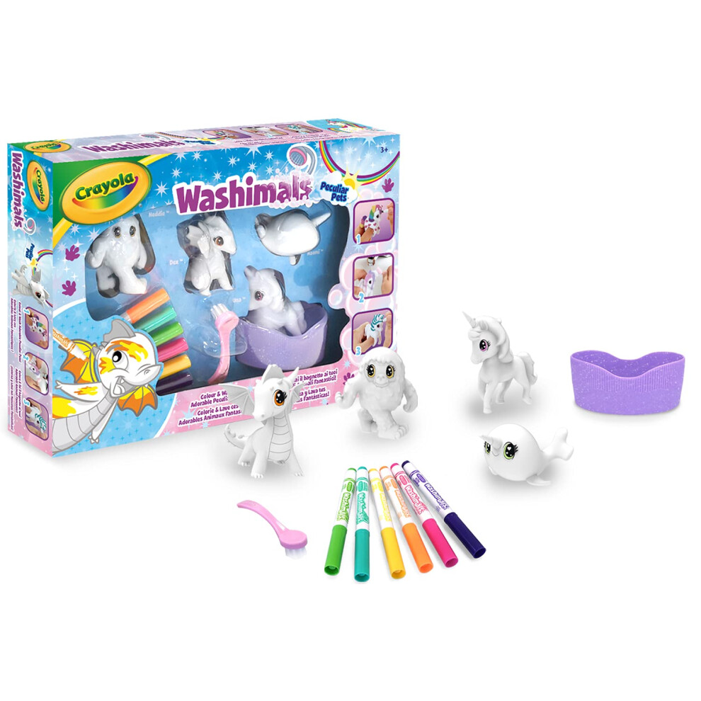 Washimals Peculiar Pets - Colour and Wash Playset - Unicorn, Owl, Dragon, Yeti - Creative Colouring Crafts Kit, Gift Set with Washable Marker Pens