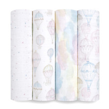 above the clouds Swaddle Blanket - Pack of 4 | Large 100% Breathable Organic Muslin Cotton Swaddle Wrap Set for Baby Girls | Clouds, Air Balloon,