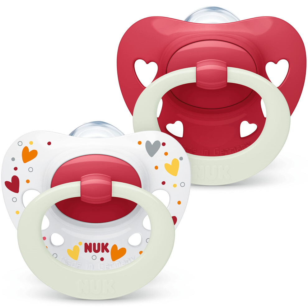 Signature Night Baby Dummy | 6-18 Months | Soothes 95% of Babies | Heart-Shaped BPA-Free Silicone Soothers | Glow-in-The-Dark | includes Case | Red