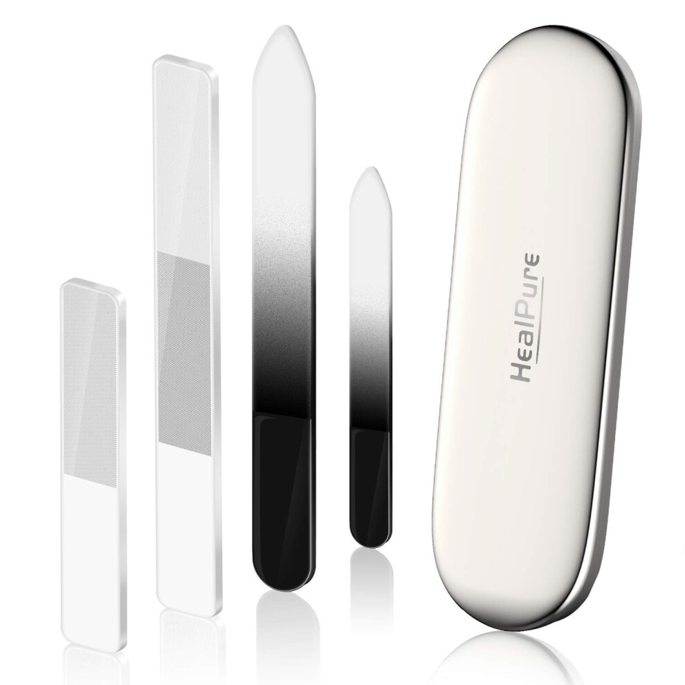 Healpure Glass Nail File And Shiner Â 4Pc Double Sided Etched Crystal Nail Buffer Files And Nano Nail Polishers, Professional Salon Manicure Tools Kit For