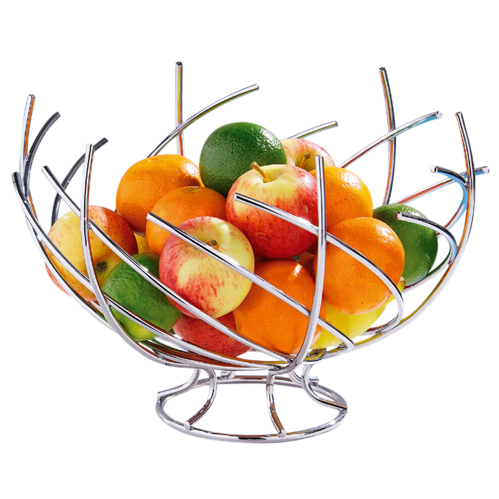 Housewares 509291 Metal Fruit Basket Small Hook Fruits Basket Chrome Finish Fruit Basket Wire Fruit Bowl Wire Basket Table, Silver, 38 X 30 X 28 cm