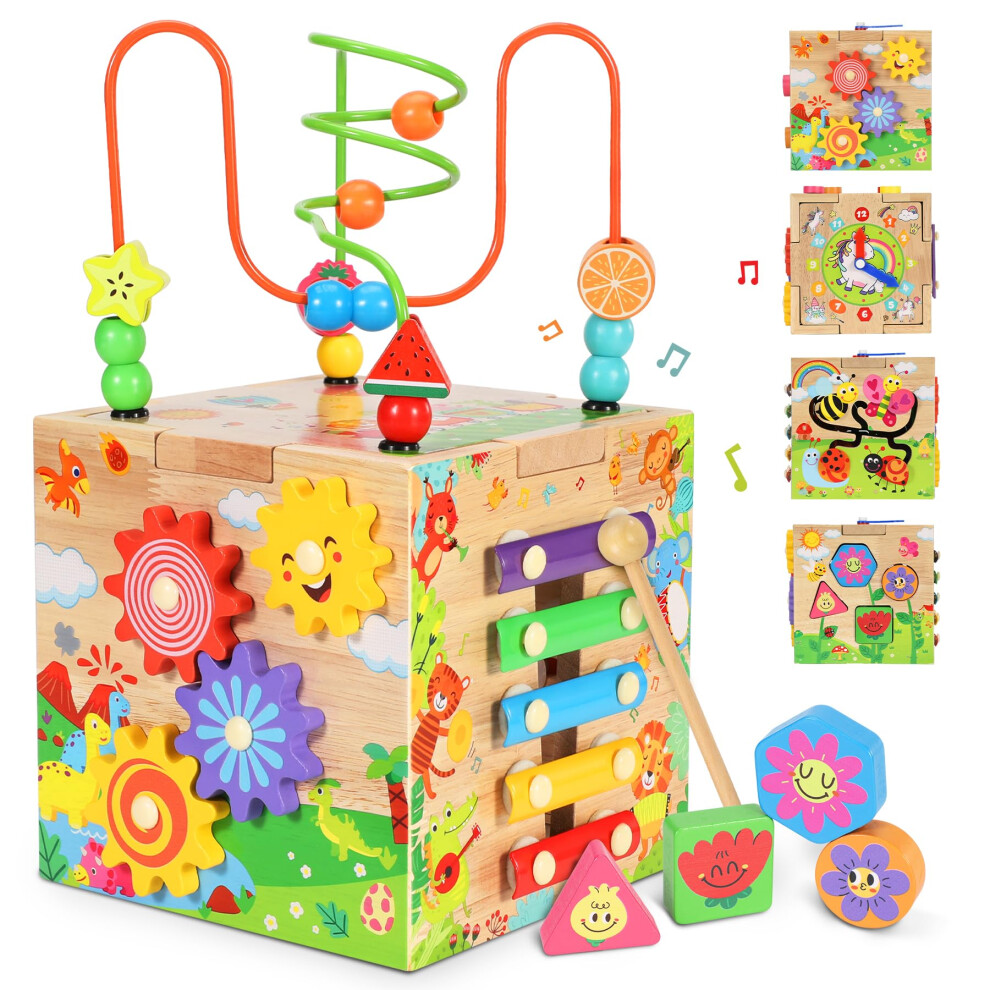 Wooden Activity Cube Baby Toys,6-in-1 Montessori Educational Toy Set for 1 Year Old Boys Girls, Educational Learning Presents for Boys Girls Toddlers