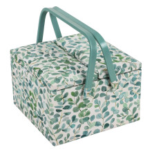 Exclusive Large Twin Lid Sewing Craft Hobby Storage Box, Accessories Tray Pin Cushion Pockets PVC Handles, Eucalyptus, 25 x 25 x 17cm
