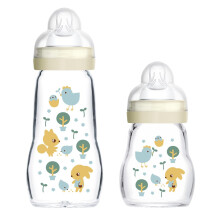 Feel Good Glass Baby Bottle Pack of 2 (170 ml & 260 ml), with Teat 1 Slow Flow for Newborns, Unisex