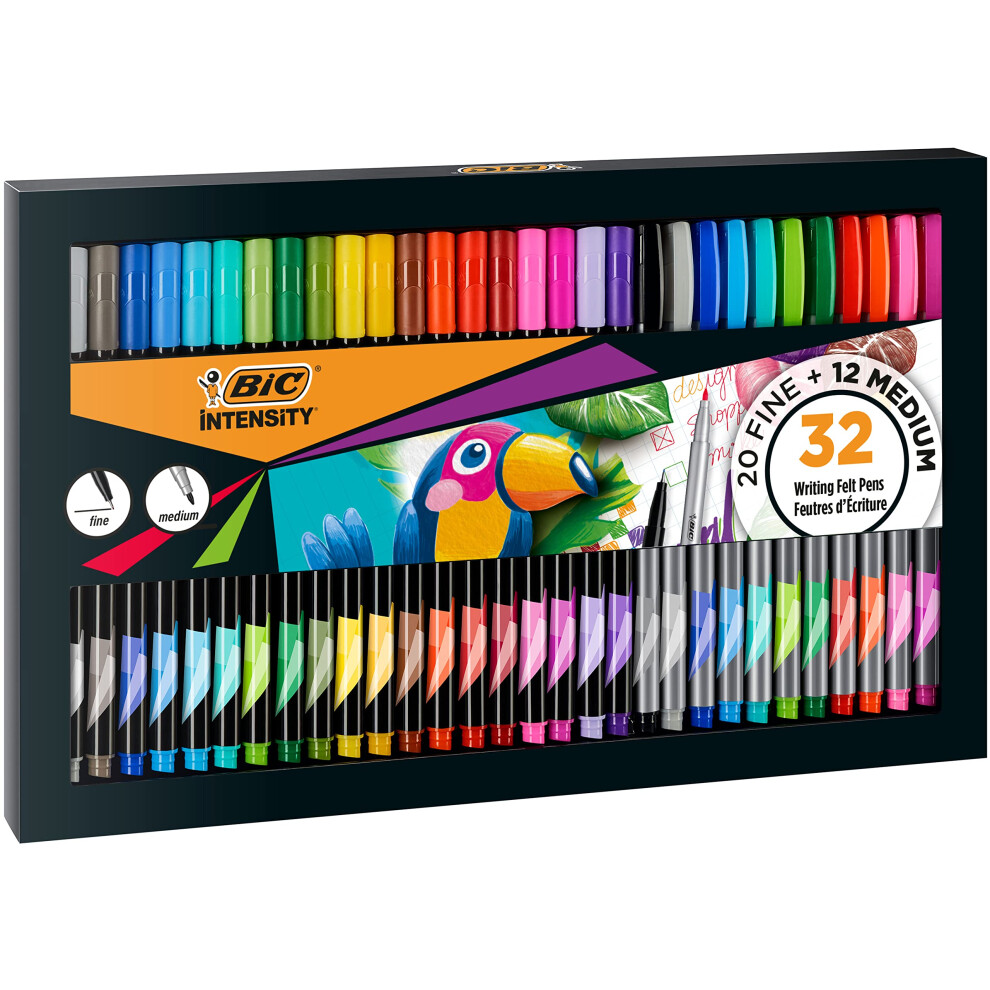 Bic Intensity Felt Tip Pens, Writing Pens With 20 Fine And 12 Medium Tips, Vibrant Colouring Pens, School Supplies For Kids Or Adults, 32 Pack