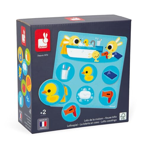 Janod - House Bingo - 4 Boards and 24 Cardboard Tokens - Educational Game - Vocabulary and Concentration - FSC-Certified and Vegetable Inks - Made in France
