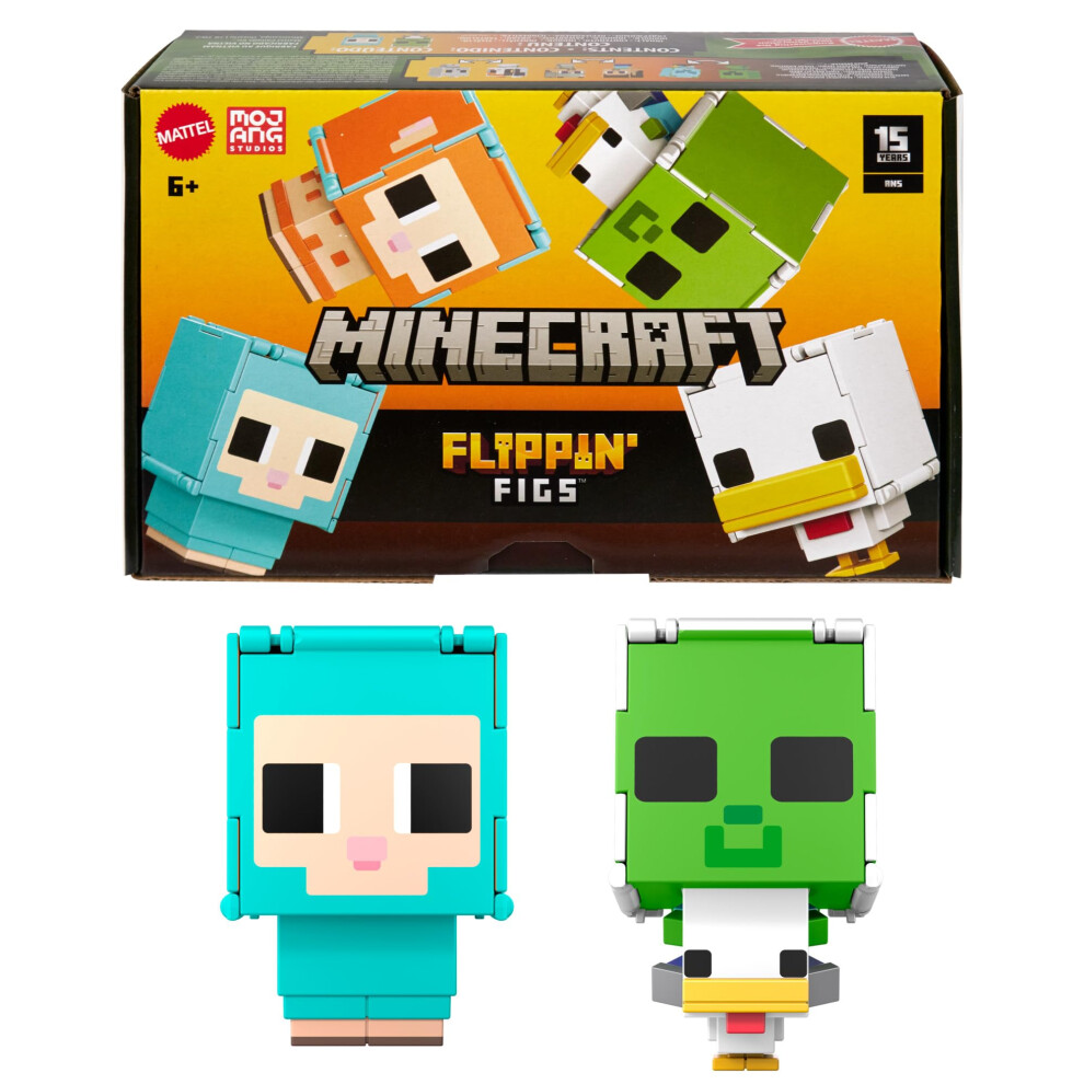 Mattel Minecraft Flippin' Figs Sheep & Chicken Figures 2-Pack With 2-In-1 Fidget Play, Large Heads & Pixelated Design, Hxk17