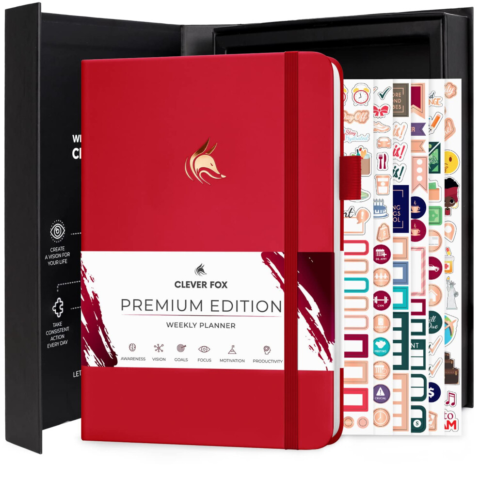 Planner Premium – Organiseur hebdomadaire et mensuel non daté pour la productivité et la gestion du temps, A5 (rouge)