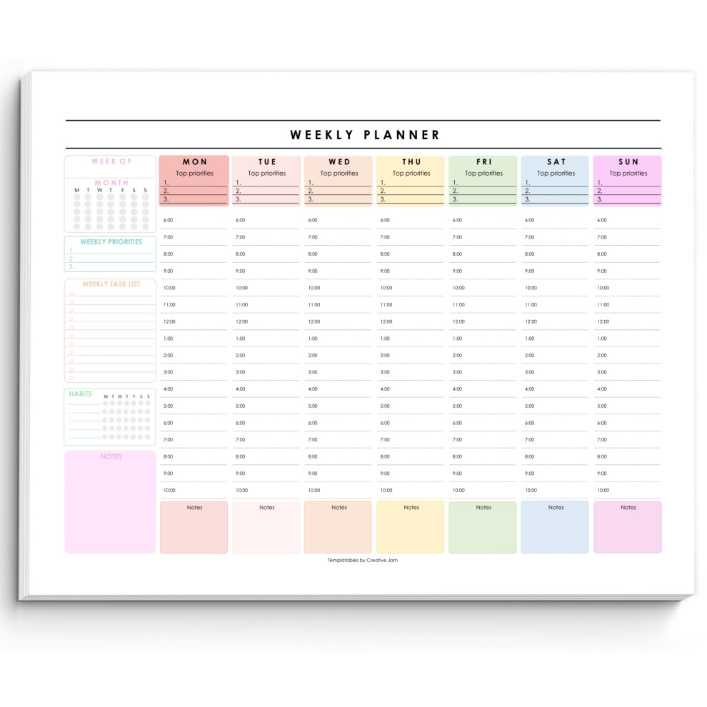 Weekly Hourly Planner Notepad, Daily Planner Desk Pad, Weekly Schedule, To Do List Note Pad, ADHD Planner | 50 Undated Tear Away Sheets | A4 (Rainbow)