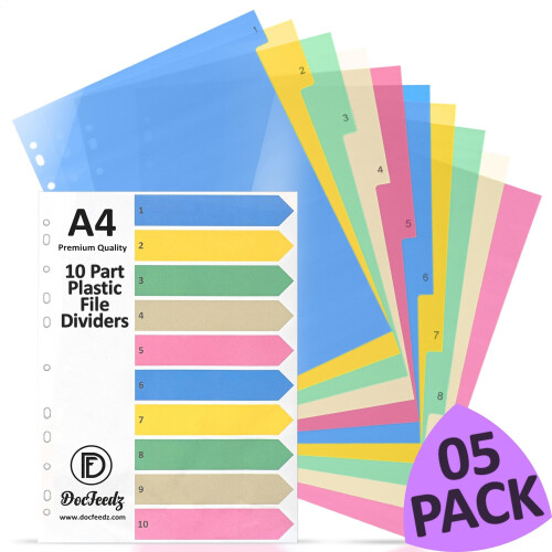 [05 Packs] Plastic File Dividers 10 Part A4 with Index Paper Pastel ...
