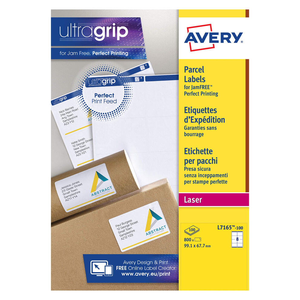 Avery Zweckform Avery L7165 Self Adhesive Parcel Shipping Labels, Laser Printers, 8 Labels Per A4 Sheet, 800 Labels, Ultragrip, ,99.1 X 67.7 Mm White