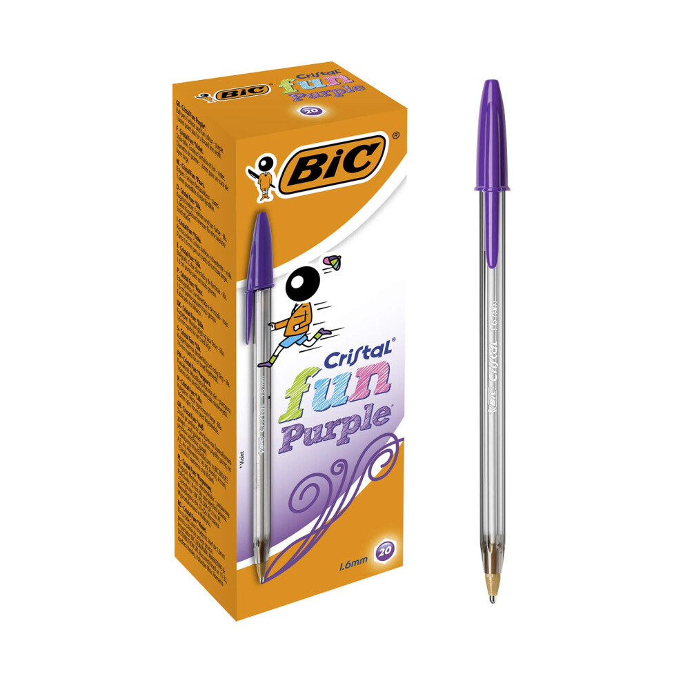 Cristal Fun, Ballpoint Pens, Smudge-Proof Writing Pens and Wide Point (1.6 mm), Ideal for School, Purple Ink, Pack of 20