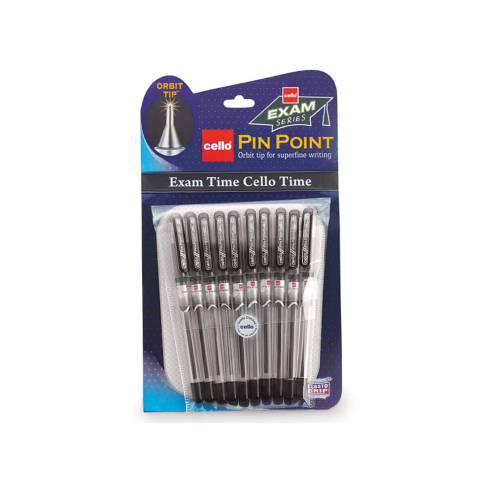 10 X Cello Pinpoint Fine Write Ball Point Pen Black Ink 0.5 Mm Tip