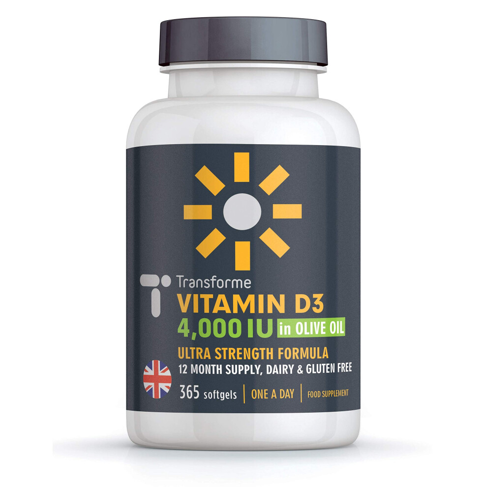 Transforme Vitamin D3 4000 Iu In Olive Oil, 365 Capsules 1 Year Supply, Maximum Strength High Absorption Softgels, Easy To Swallow Quadruple Strength Vit D3