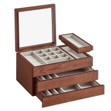 Wooden Jewellery Box with Clear Lid, 3-Layer Jewellery Organiser, 2 Drawers, Small Removable Tray, Solid Wood Veneer, Soft Velvet Lining, Floating