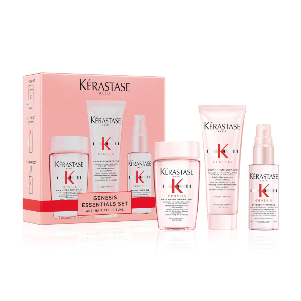 Kérastase Genesis Travel-Size Discovery Gift Set, With Shampoo, Conditioner and Blow-Dry Spray, Nourishing and Fortifying Routine, For Weakened Hair,