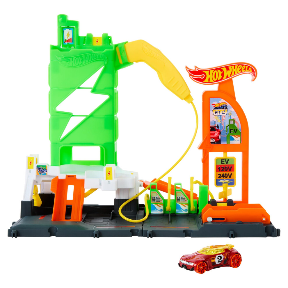 Let's Race Netflix - City Super Recharge Fuel Station Playset with EV Chargers and 1:64 Scale Toy Car, HTN79